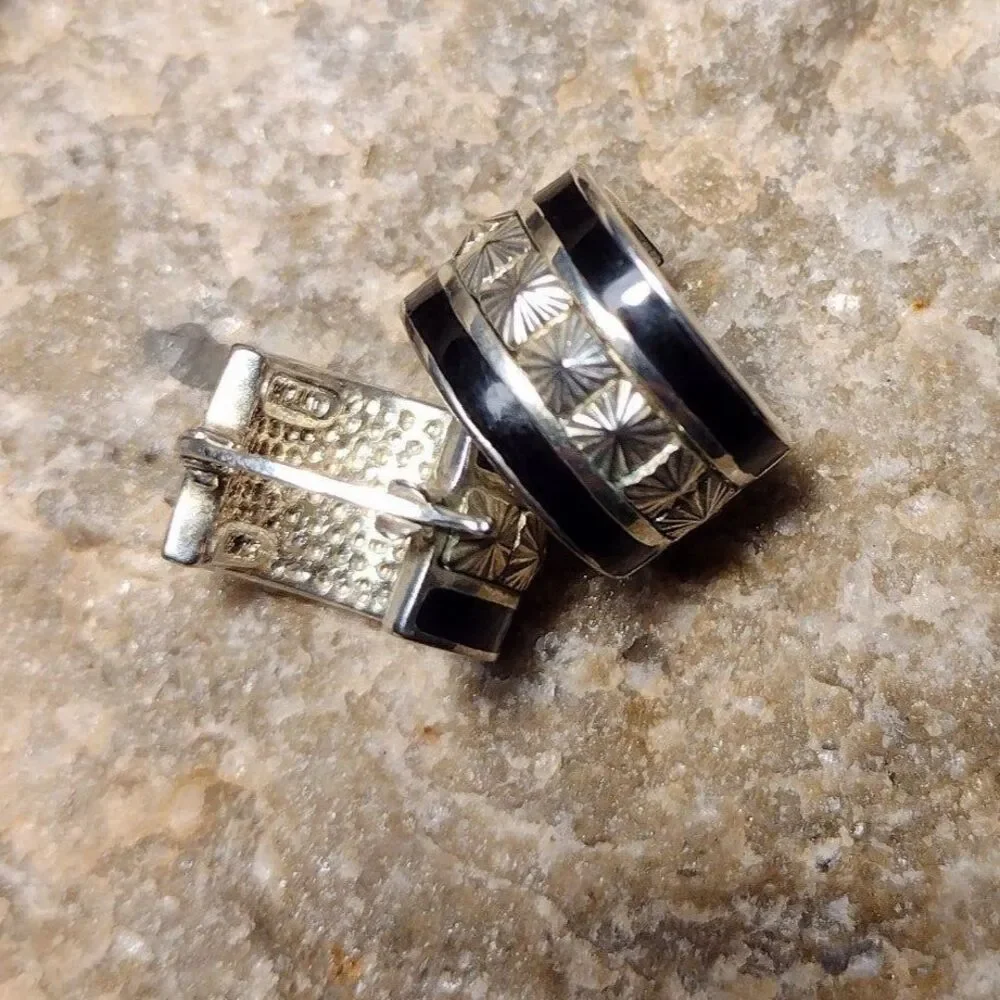VTG CX Bright Cut Sterling Silver 925 Black Enamel Wide Hoop Hugger Earrings
